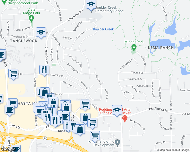 map of restaurants, bars, coffee shops, grocery stores, and more near 1387 Grouse Drive in Redding