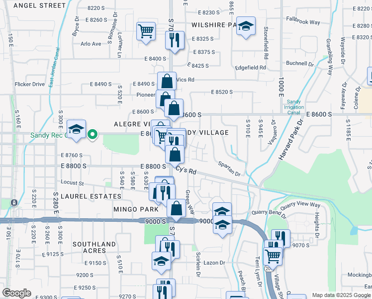 map of restaurants, bars, coffee shops, grocery stores, and more near 8729 South Leafwood Lane in Sandy
