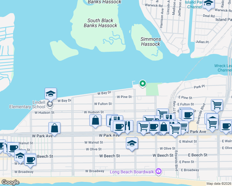 map of restaurants, bars, coffee shops, grocery stores, and more near 280 West Bay Drive in Long Beach