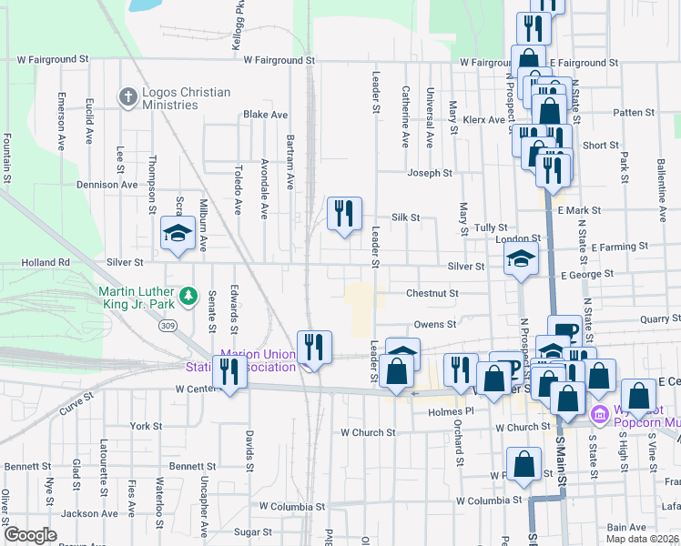 map of restaurants, bars, coffee shops, grocery stores, and more near 469 Silver Street in Marion