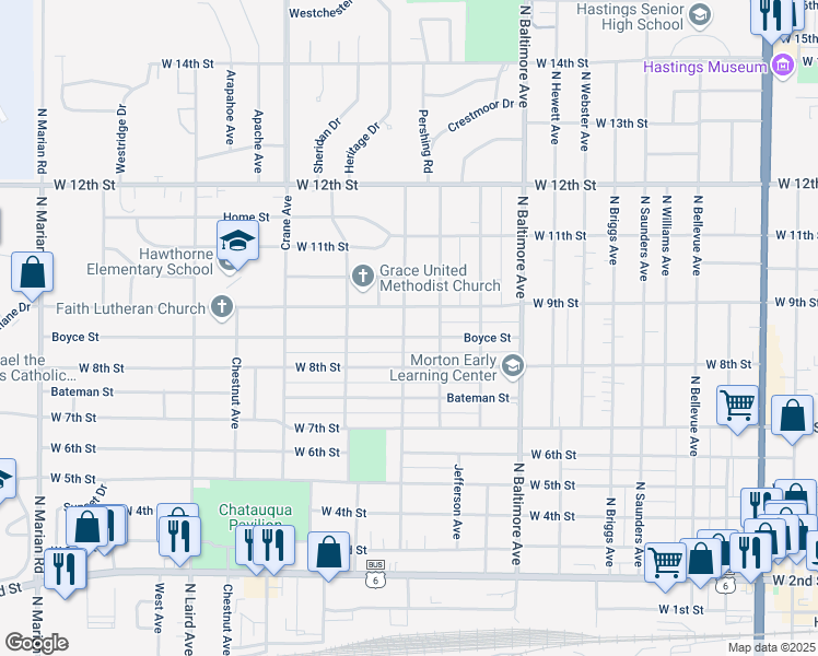 map of restaurants, bars, coffee shops, grocery stores, and more near 850-898 Oswego Ave in Hastings