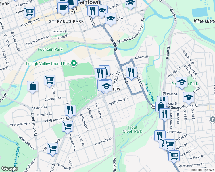 map of restaurants, bars, coffee shops, grocery stores, and more near 743 South Hall Street in Allentown
