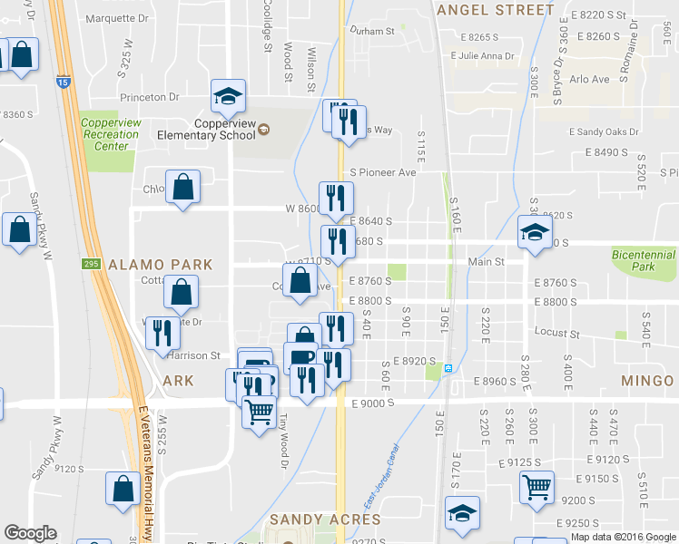 map of restaurants, bars, coffee shops, grocery stores, and more near 8732 S State St in Sandy