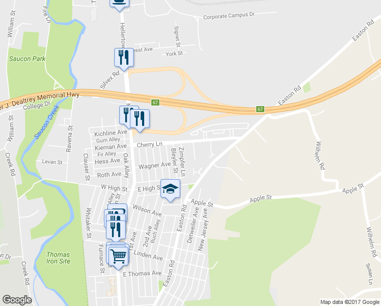 map of restaurants, bars, coffee shops, grocery stores, and more near 1644 Ilona Drive in Hellertown