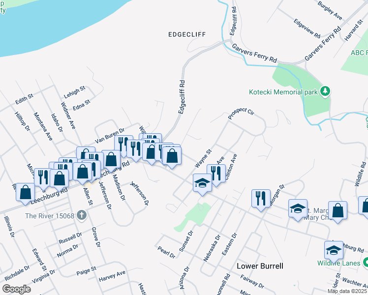 map of restaurants, bars, coffee shops, grocery stores, and more near 127 Macbeth Drive in New Kensington