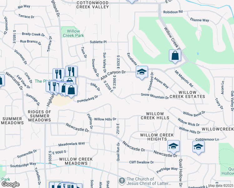map of restaurants, bars, coffee shops, grocery stores, and more near 2311 Snow Mountain Drive in Sandy