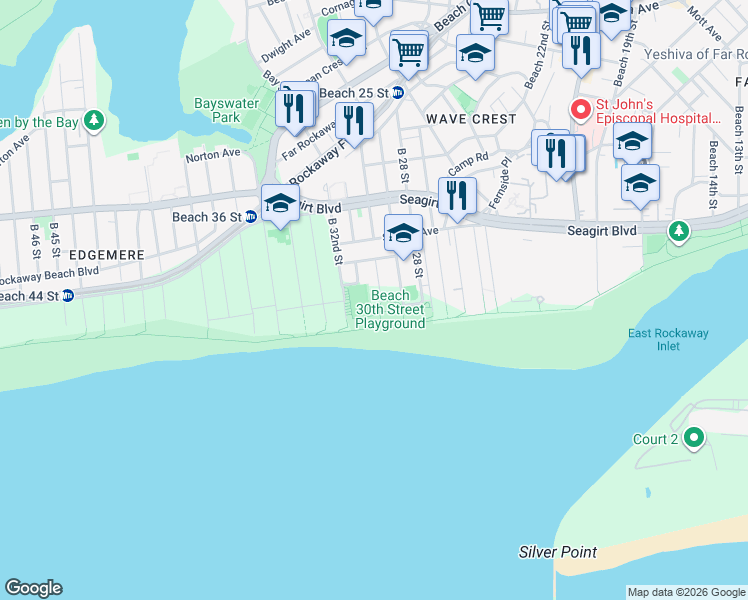 map of restaurants, bars, coffee shops, grocery stores, and more near 1-09 Beach 30th Street in Queens