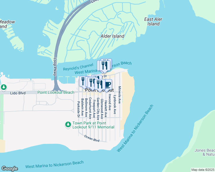map of restaurants, bars, coffee shops, grocery stores, and more near 20 Hewlett Avenue in Point Lookout