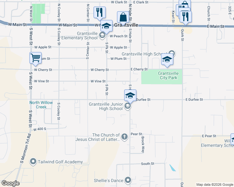 map of restaurants, bars, coffee shops, grocery stores, and more near 60 West Durfee Street in Grantsville