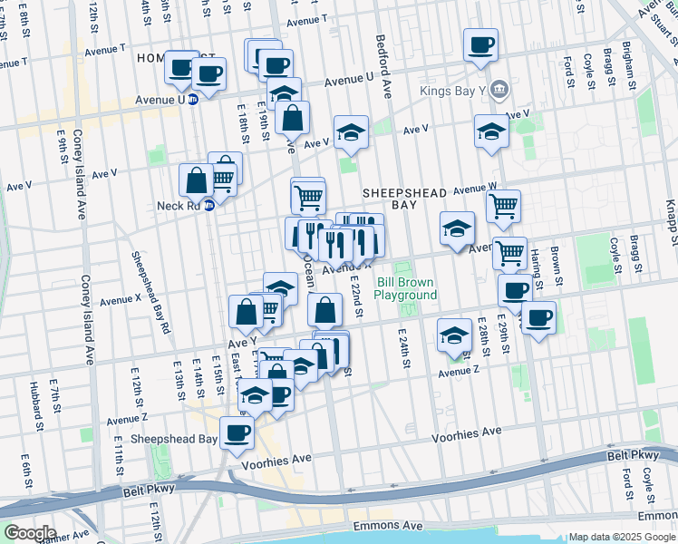 map of restaurants, bars, coffee shops, grocery stores, and more near 2123 Avenue X in Brooklyn