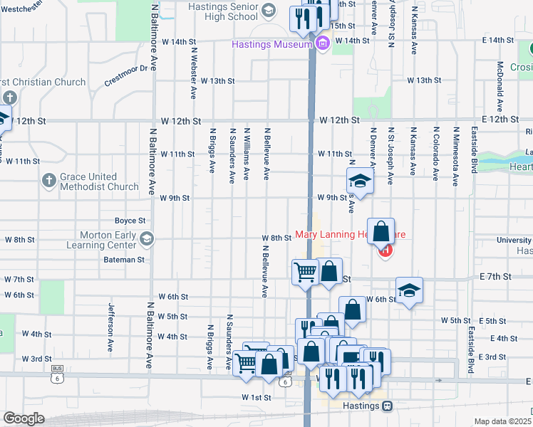 map of restaurants, bars, coffee shops, grocery stores, and more near North Bellevue Avenue in Hastings
