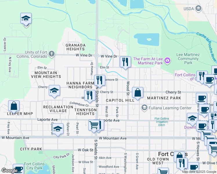 map of restaurants, bars, coffee shops, grocery stores, and more near 412 West Street in Fort Collins