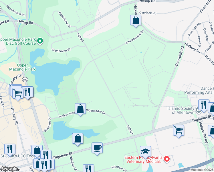 map of restaurants, bars, coffee shops, grocery stores, and more near 1055 Mill Road in Allentown