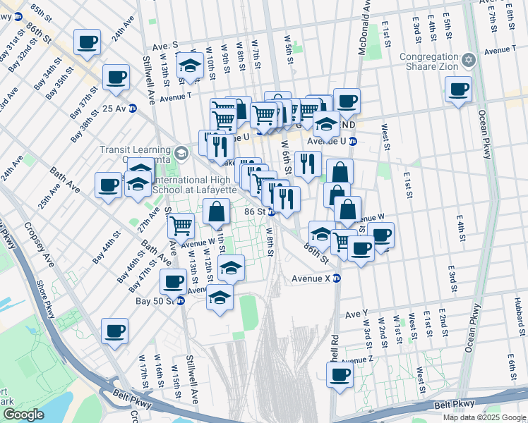 map of restaurants, bars, coffee shops, grocery stores, and more near 2811 86th Street in Brooklyn