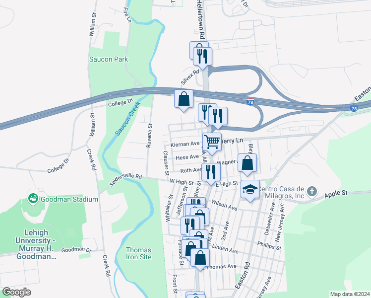 map of restaurants, bars, coffee shops, grocery stores, and more near 58 Kiernan Avenue in Hellertown
