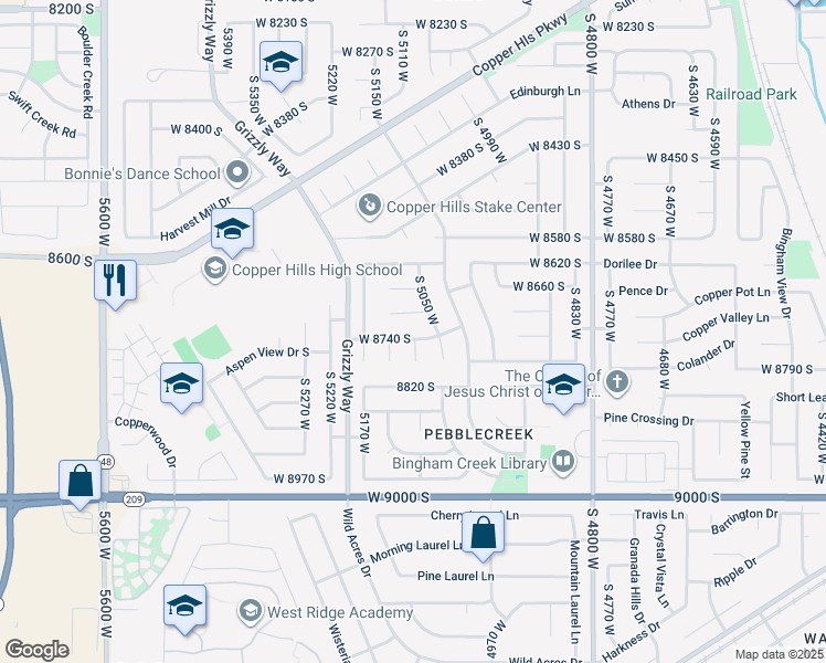 map of restaurants, bars, coffee shops, grocery stores, and more near 5101 Pebblestone Circle in West Jordan