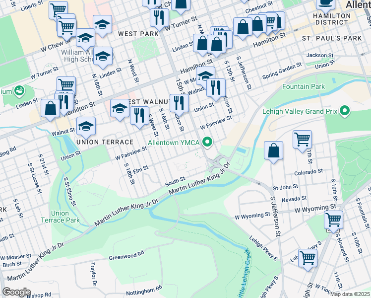 map of restaurants, bars, coffee shops, grocery stores, and more near 315 South Milton Street in Allentown