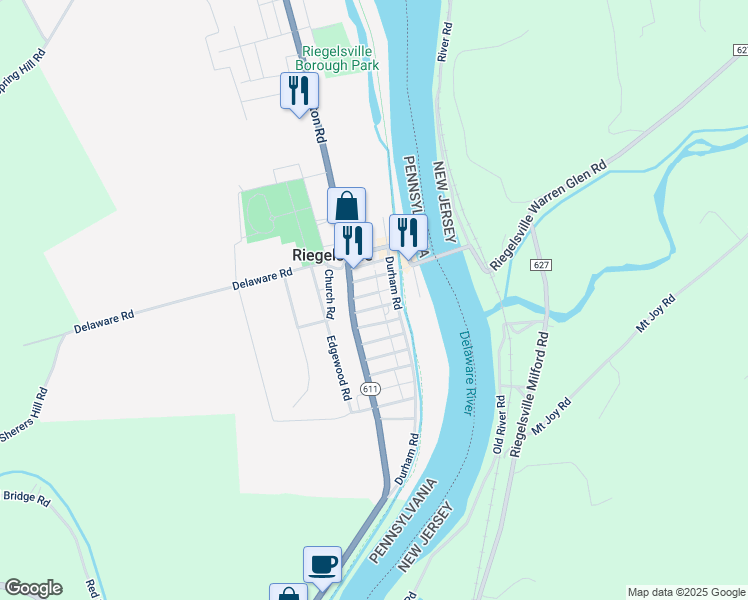 map of restaurants, bars, coffee shops, grocery stores, and more near 121 Cedar Road in Riegelsville