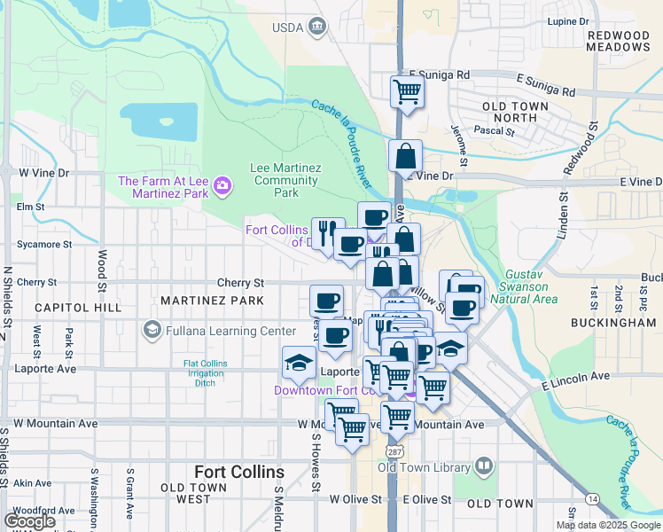 map of restaurants, bars, coffee shops, grocery stores, and more near 405 Mason Court in Fort Collins
