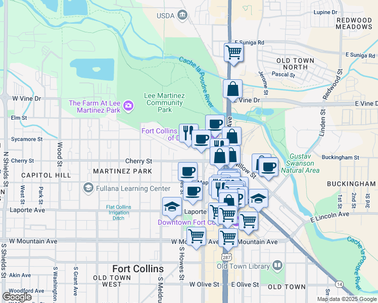 map of restaurants, bars, coffee shops, grocery stores, and more near 405 Mason Court in Fort Collins