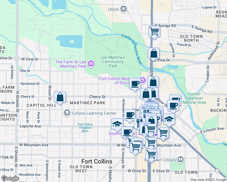 map of restaurants, bars, coffee shops, grocery stores, and more near 420 North Meldrum Street in Fort Collins