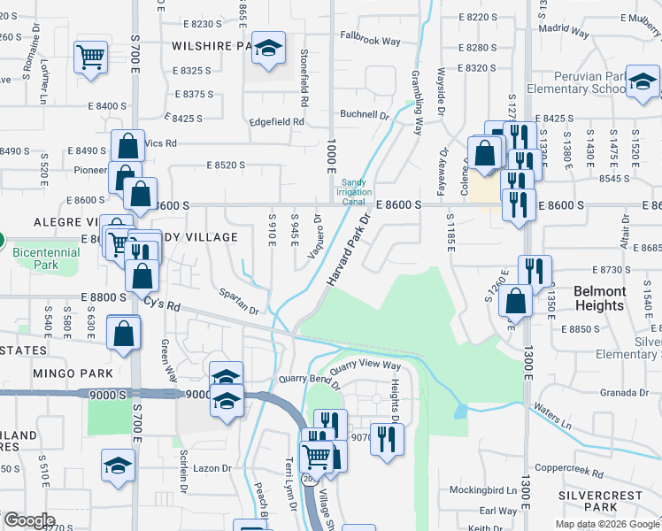 map of restaurants, bars, coffee shops, grocery stores, and more near 8730 Harvard Park Drive in Sandy