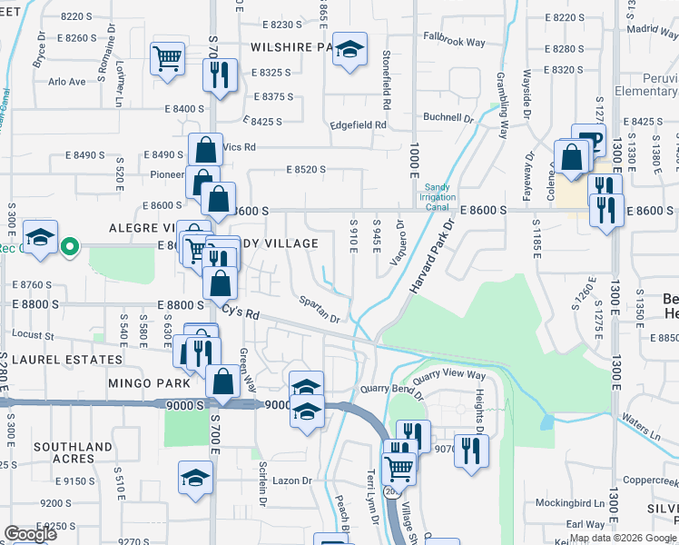 map of restaurants, bars, coffee shops, grocery stores, and more near 8731 Gladiator Way in Sandy