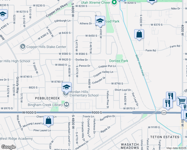 map of restaurants, bars, coffee shops, grocery stores, and more near 8721 4680 West in West Jordan