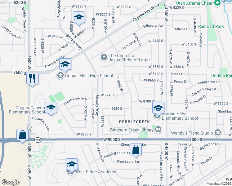 map of restaurants, bars, coffee shops, grocery stores, and more near 5101 Pebblestone Circle in West Jordan