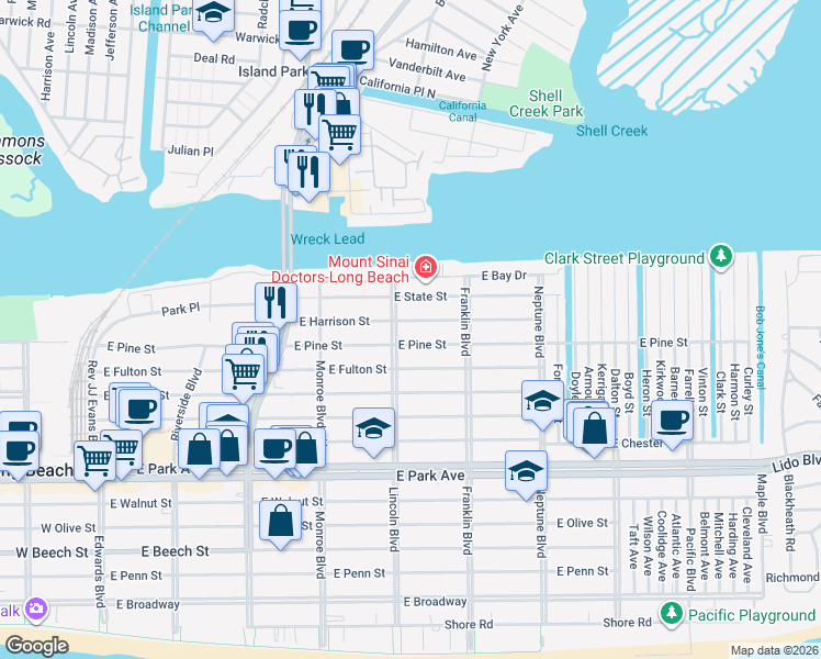 map of restaurants, bars, coffee shops, grocery stores, and more near 428 East Harrison Street in Long Beach