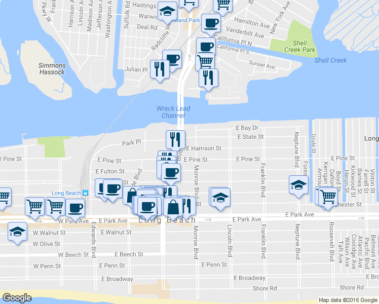 map of restaurants, bars, coffee shops, grocery stores, and more near in Long Beach