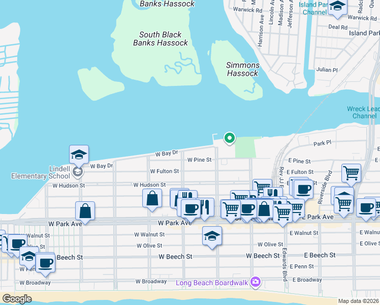 map of restaurants, bars, coffee shops, grocery stores, and more near 280 West Bay Drive in Long Beach