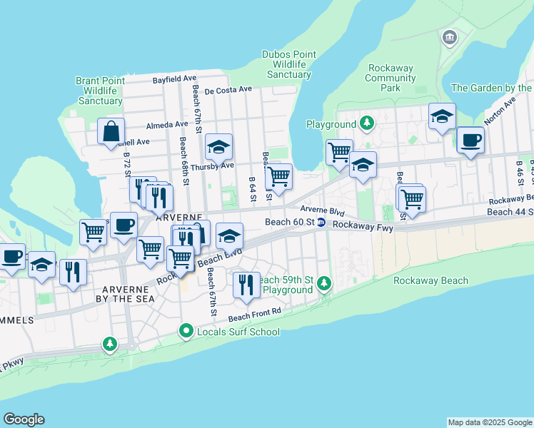 map of restaurants, bars, coffee shops, grocery stores, and more near 63-3 Beach Channel Drive in Queens
