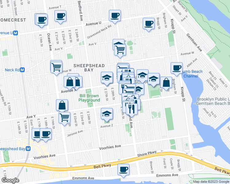 map of restaurants, bars, coffee shops, grocery stores, and more near 2420 East 28th Street in Brooklyn