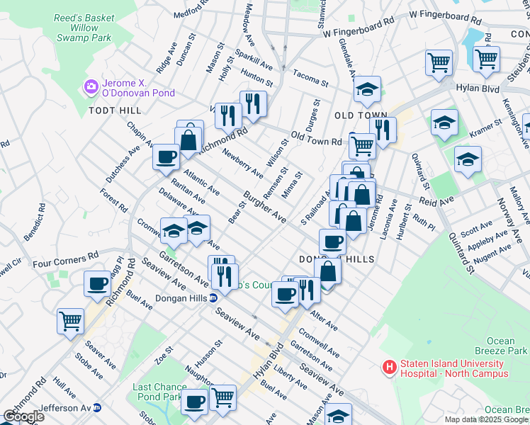 map of restaurants, bars, coffee shops, grocery stores, and more near 151 Burgher Avenue in Staten Island