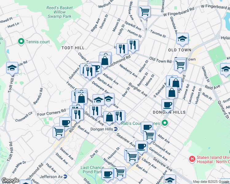 map of restaurants, bars, coffee shops, grocery stores, and more near 111 Raritan Avenue in Staten Island