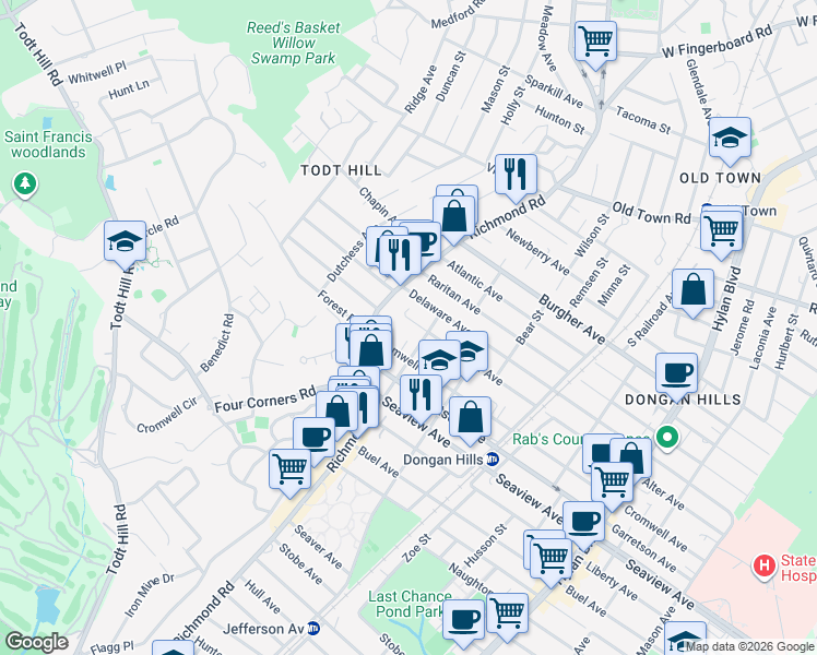 map of restaurants, bars, coffee shops, grocery stores, and more near 47 Alter Avenue in Staten Island