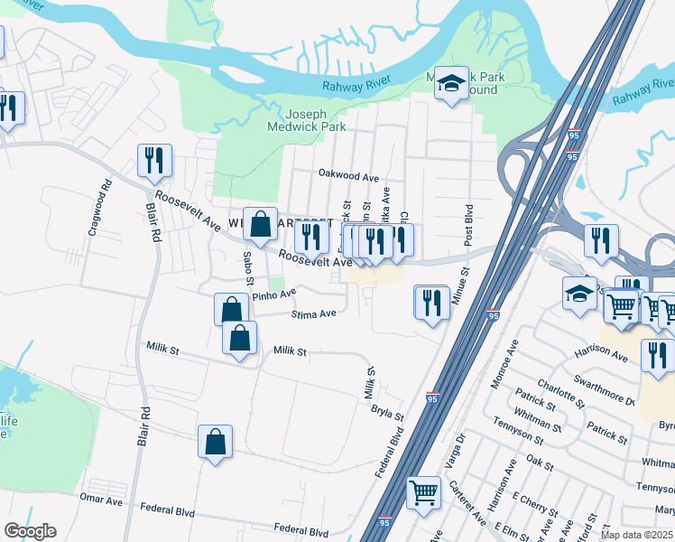map of restaurants, bars, coffee shops, grocery stores, and more near 1313 Roosevelt Avenue in Carteret