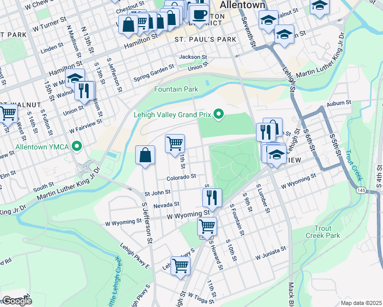 map of restaurants, bars, coffee shops, grocery stores, and more near 1016 Harrison Street in Allentown