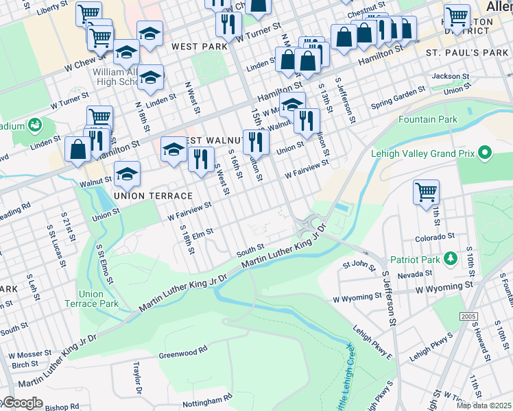 map of restaurants, bars, coffee shops, grocery stores, and more near 315 South Milton Street in Allentown