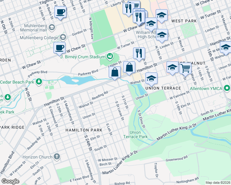 map of restaurants, bars, coffee shops, grocery stores, and more near 2122 Reading Road in Allentown