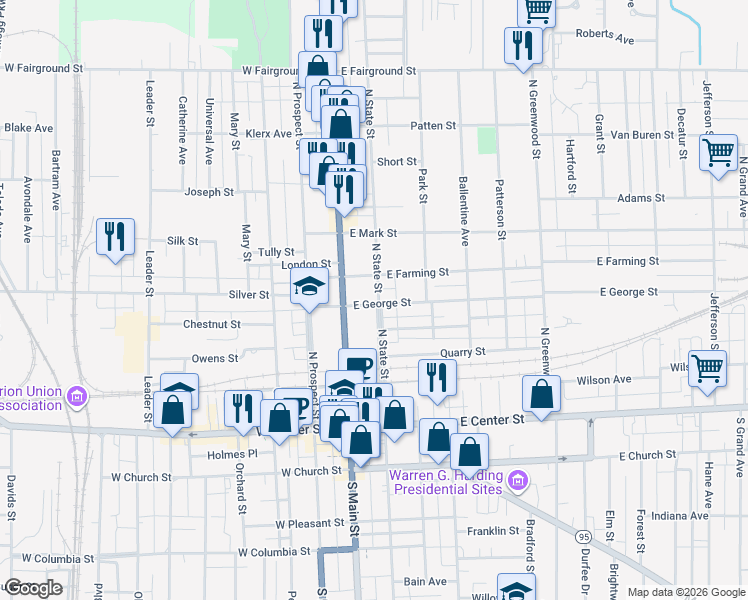 map of restaurants, bars, coffee shops, grocery stores, and more near 310 North Main Street in Marion