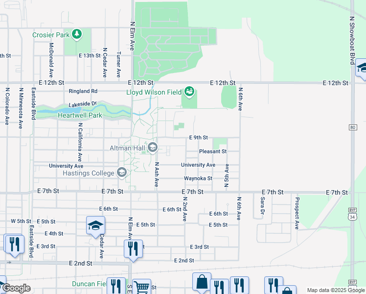 map of restaurants, bars, coffee shops, grocery stores, and more near 908-998 East 9th Street in Hastings