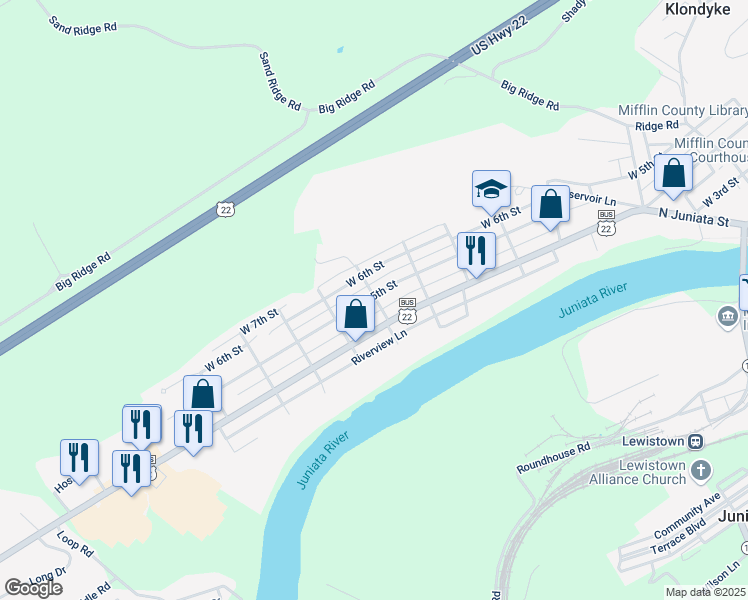 map of restaurants, bars, coffee shops, grocery stores, and more near 800 West 5th Street in Lewistown
