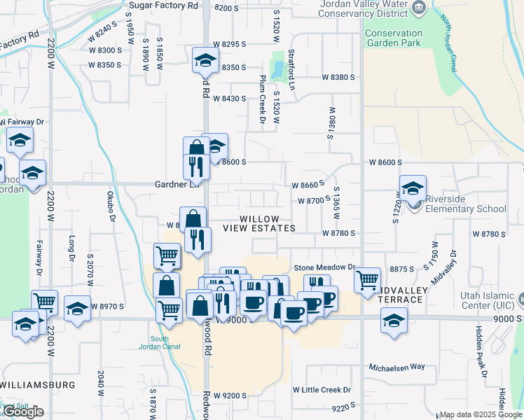 map of restaurants, bars, coffee shops, grocery stores, and more near 8708 Diamond Dove Drive in West Jordan
