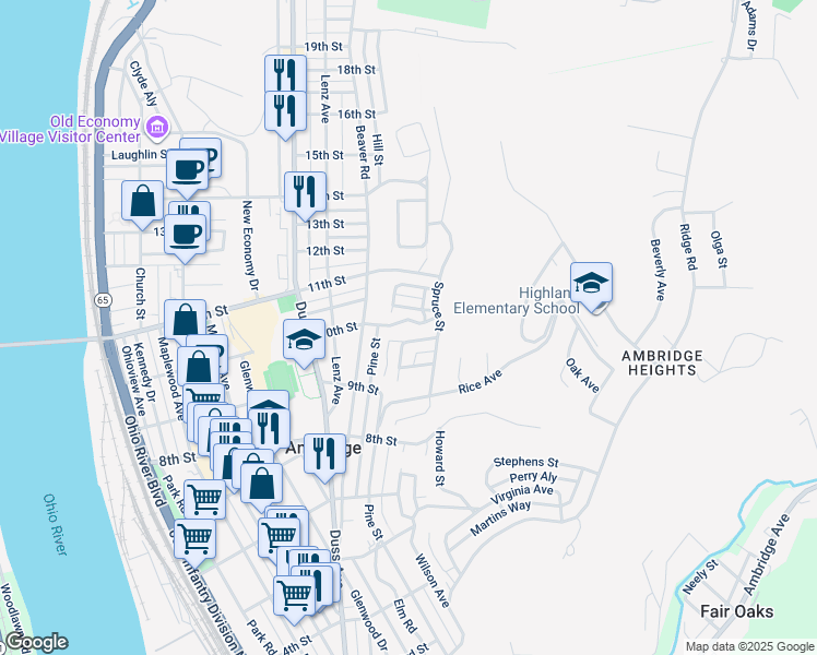 map of restaurants, bars, coffee shops, grocery stores, and more near 1018 10th Street in Ambridge