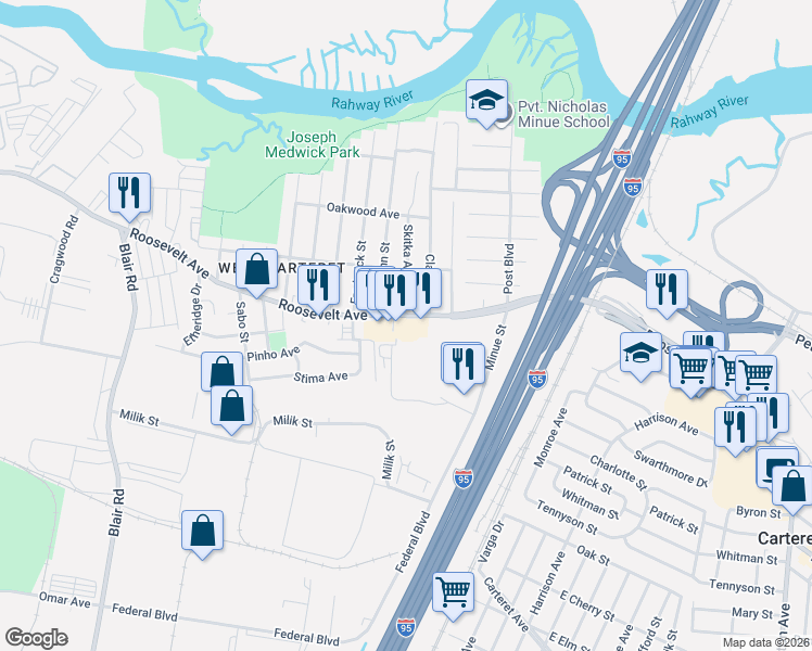 map of restaurants, bars, coffee shops, grocery stores, and more near 1245 Roosevelt Avenue in Carteret