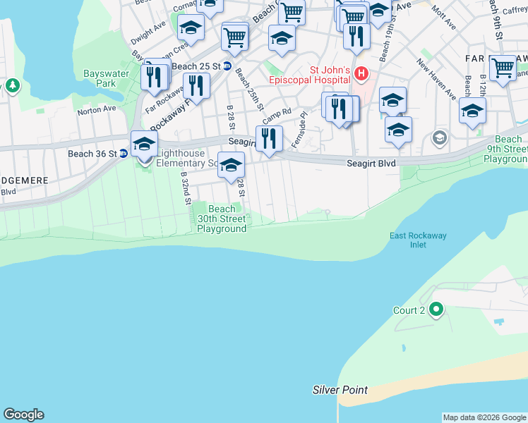 map of restaurants, bars, coffee shops, grocery stores, and more near 1-20 Beach 27th Street in Queens