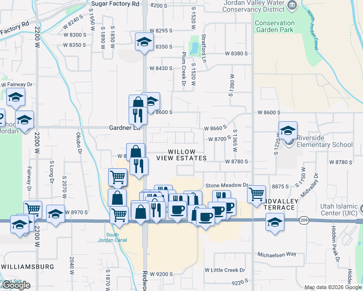 map of restaurants, bars, coffee shops, grocery stores, and more near 8708 Diamond Dove Drive in West Jordan