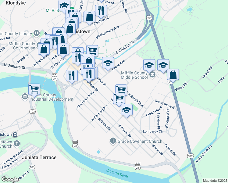 map of restaurants, bars, coffee shops, grocery stores, and more near 443 South Brown Street in Lewistown